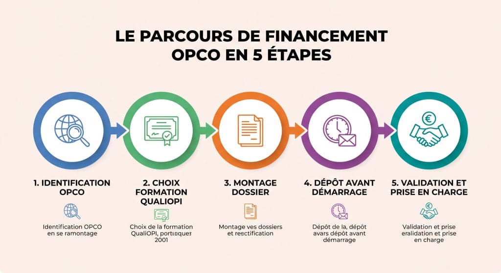 Schéma du parcours de financement OPCO en 5 étapes — identification OPCO, choix formation Qualiopi, montage dossier, dépôt avant démarrage, validation et prise en charge