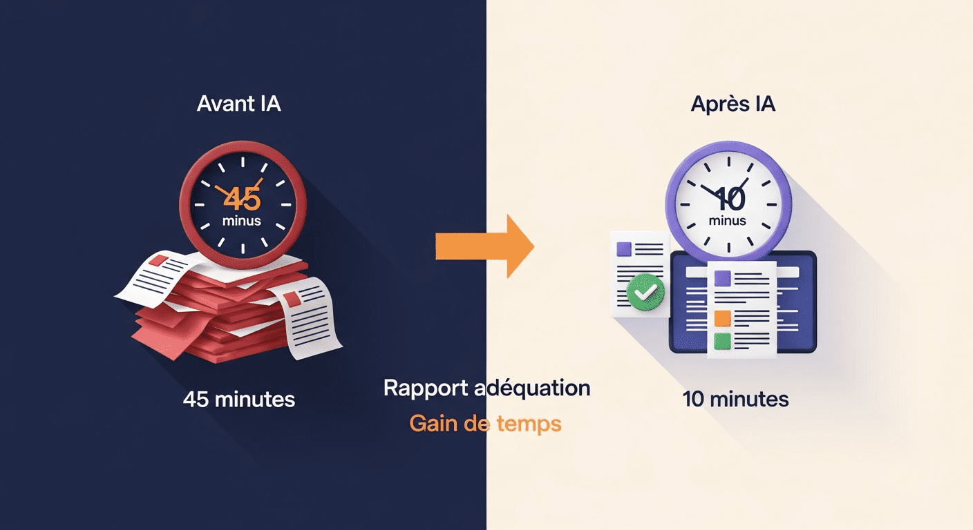 Infographie comparant le temps de rédaction d'un rapport d'adéquation avant et après l'IA : 45 minutes réduits à 10 minutes pour un CGP