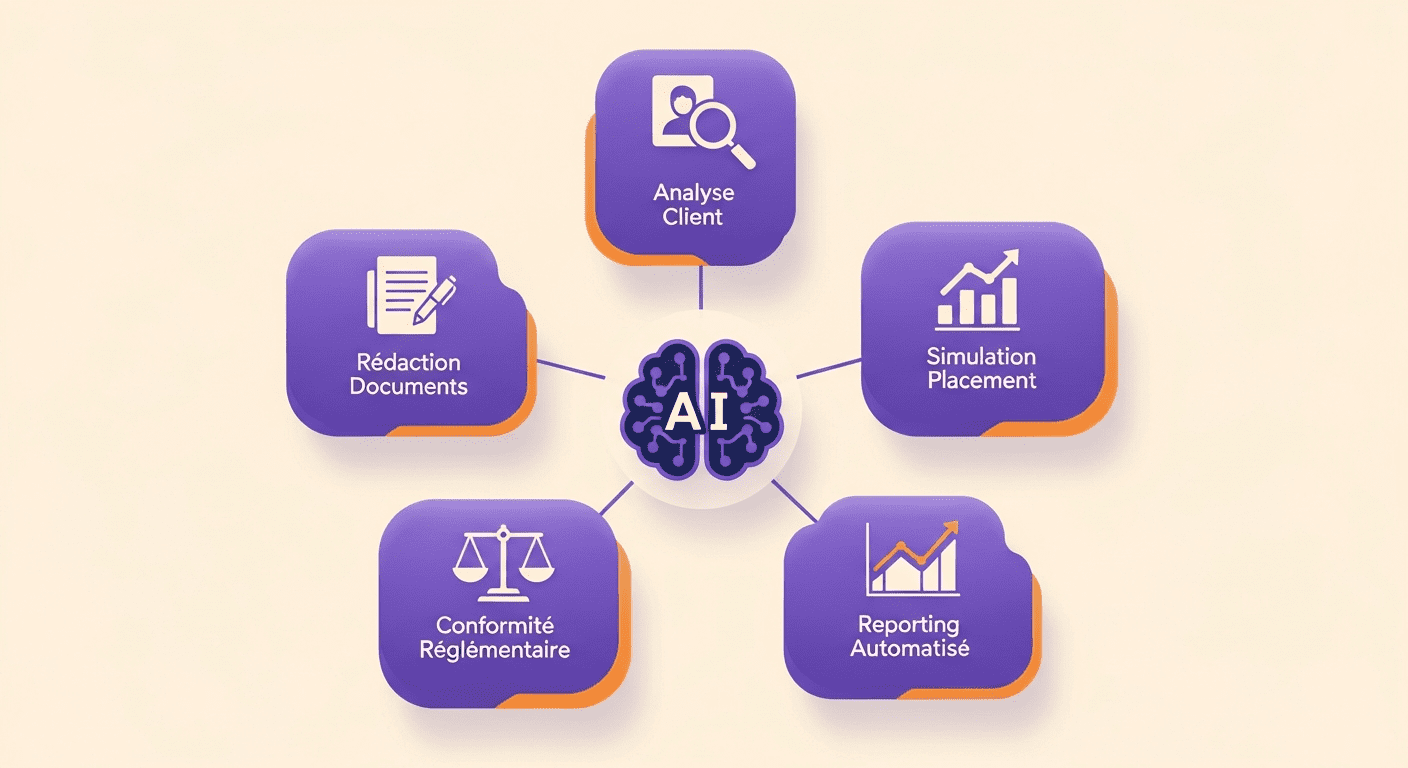 Schéma des 5 cas d'usage prioritaires de l'IA pour un cabinet CGP : rédaction, analyse client, conformité, simulation et reporting automatisé