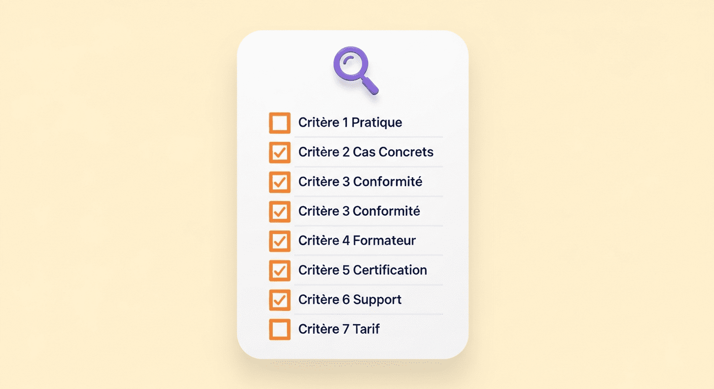 Checklist visuelle des 7 critères essentiels pour bien choisir sa formation IA en tant que conseiller en gestion de patrimoine CGP
