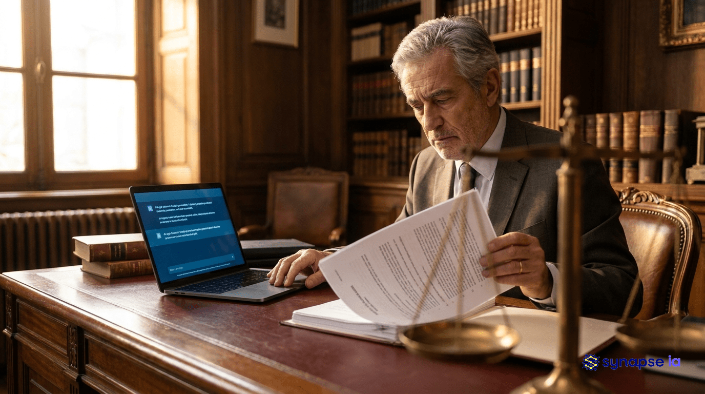 Avocat senior consultant un contrat juridique avec l'assistance de Claude IA dans son cabinet traditionnel