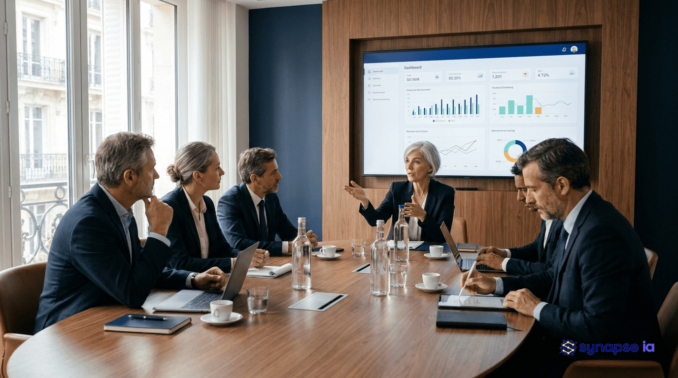 Comité de direction en réunion avec dashboard IA affiché sur grand écran