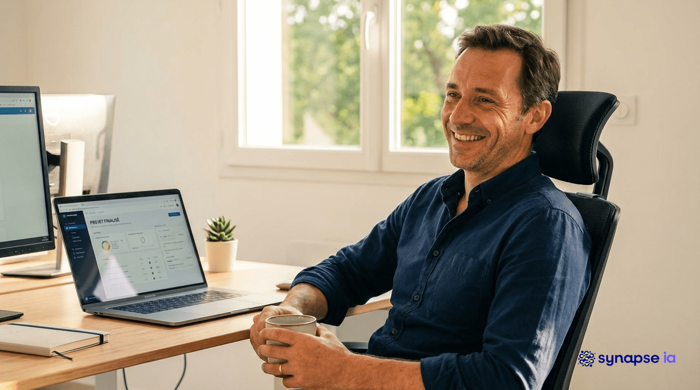 Dirigeant satisfait après une session productive avec l'intelligence artificielle