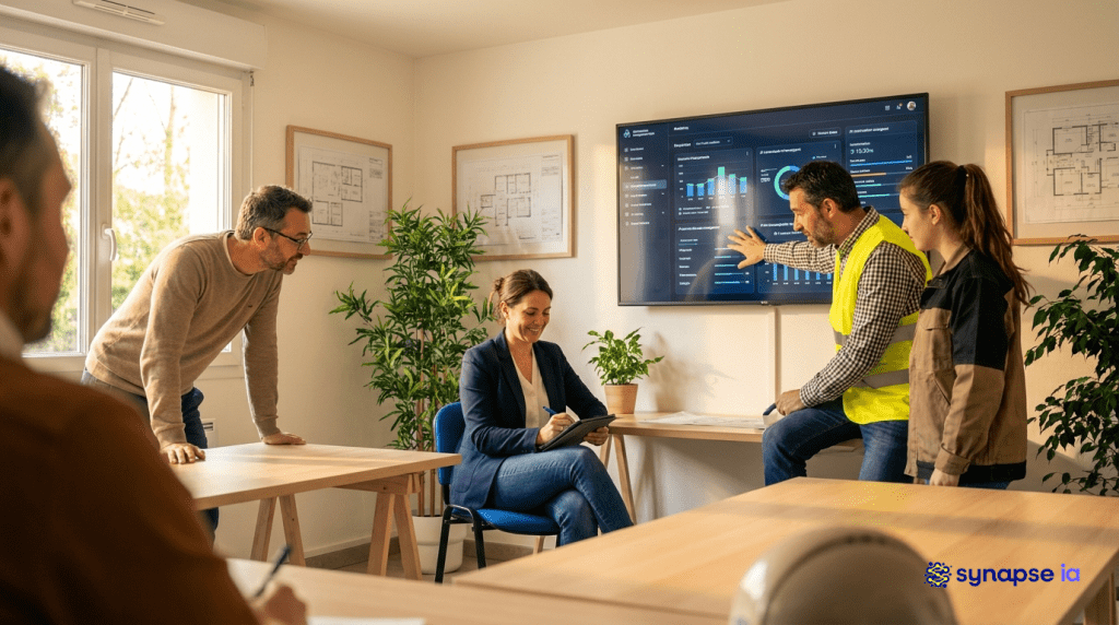 Équipe BTP en formation IA dans une salle de réunion lumineuse, formateur et participants autour d un écran avec interface IA