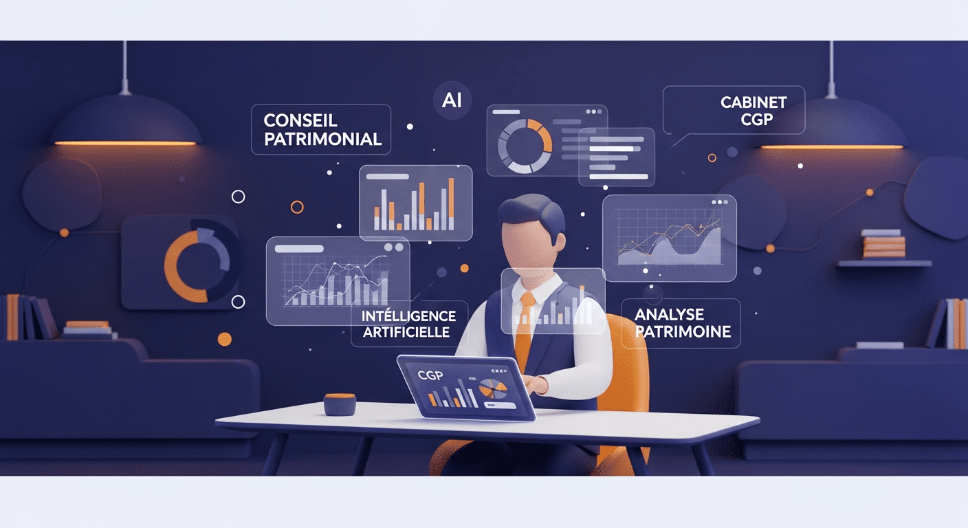 CGP consultant une tablette avec interface IA affichant des graphiques patrimoniaux et tableaux de bord financiers intelligents en cabinet