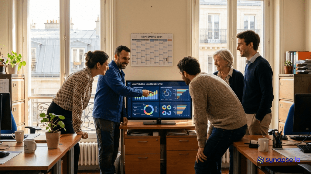 Équipe PME parisienne de 5 personnes réunies autour d un écran affichant des analyses IA dans un bureau français avec vue sur les toits de Paris