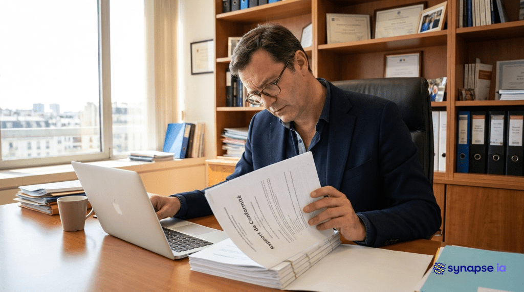 Dirigeant PME consultant un document de conformité réglementaire IA Act dans son bureau