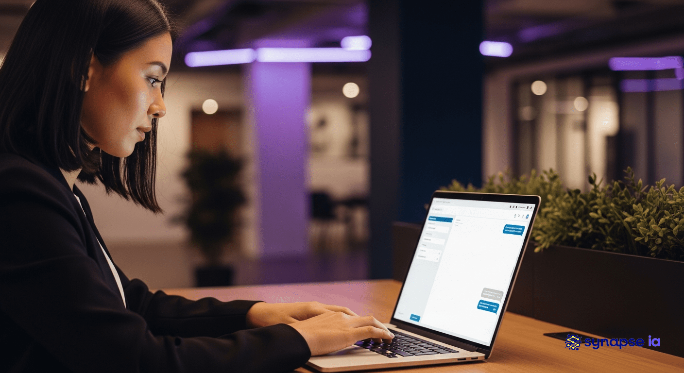Professionnelle utilisant un laptop dans un espace de travail moderne pour accéder à l'interface Le Chat Mistral IA