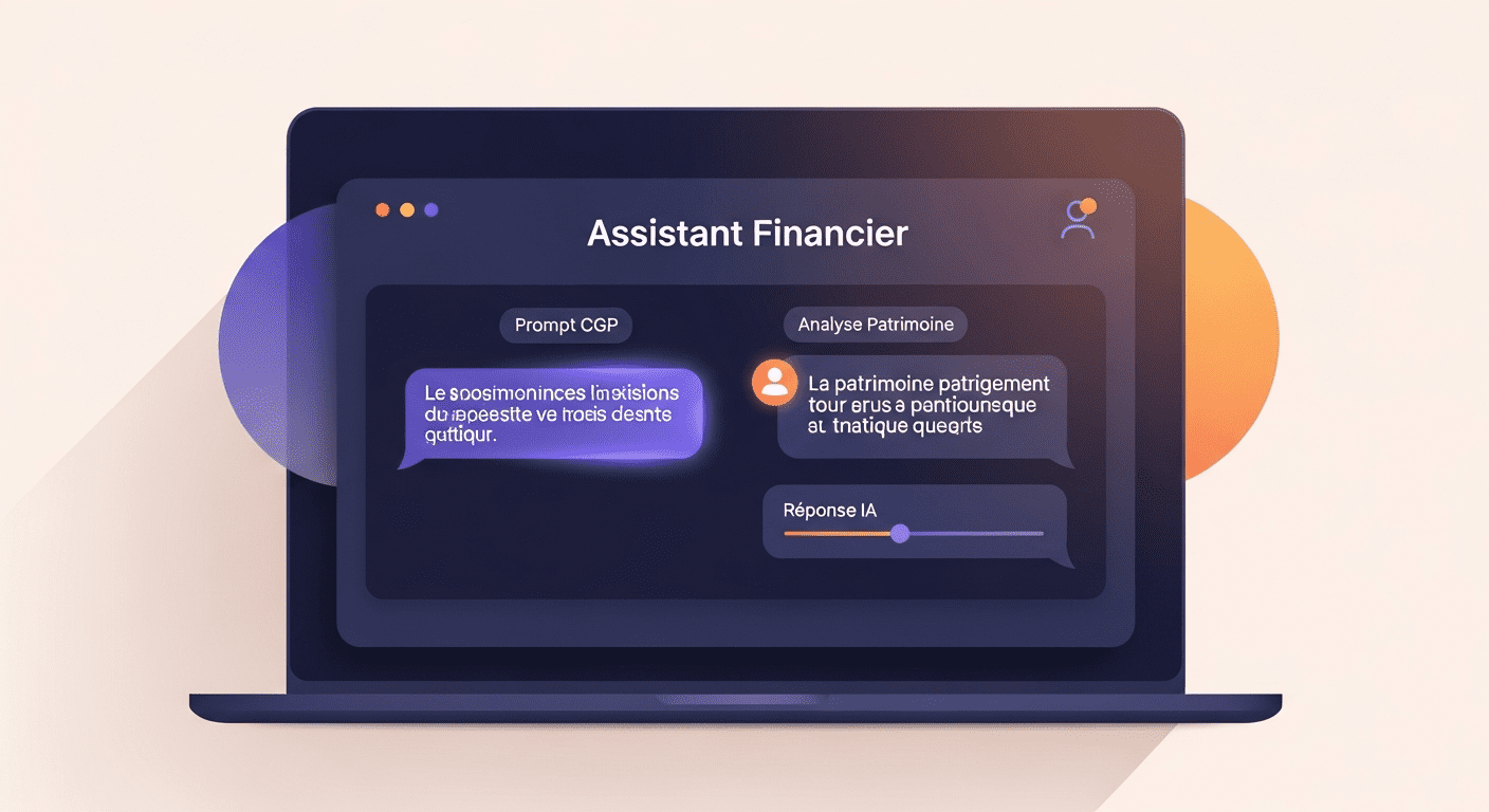 Mockup d'une interface IA type ChatGPT affichant un prompt rédigé par un CGP pour analyser automatiquement un dossier patrimonial client