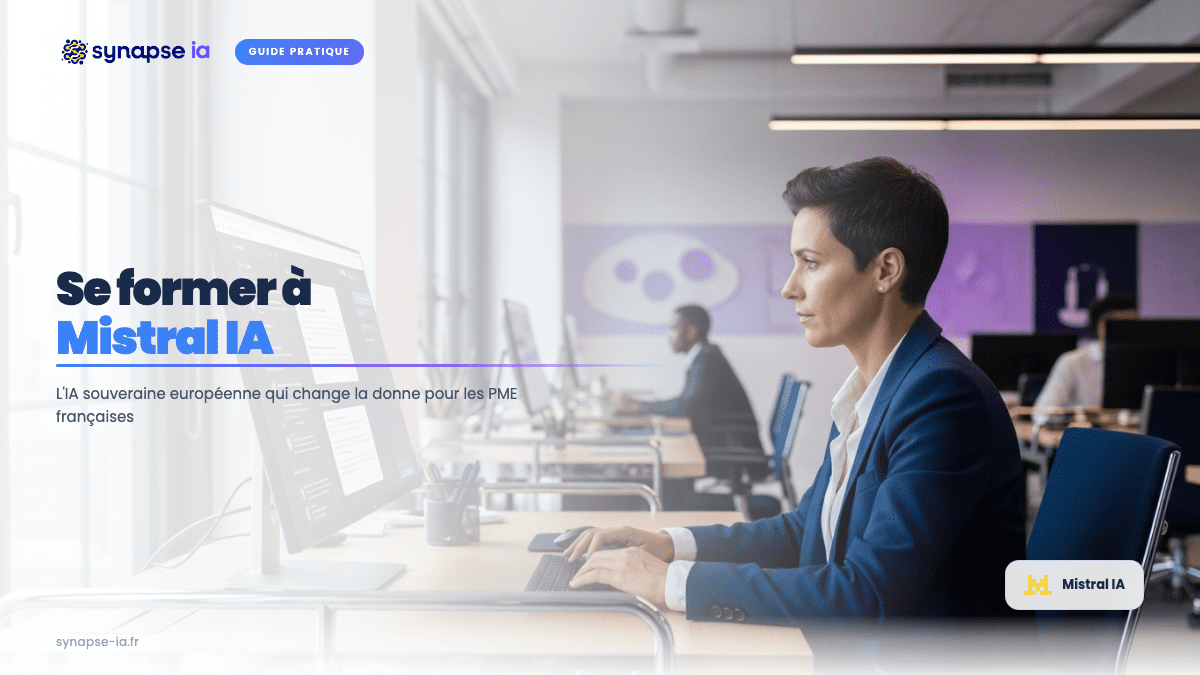 Dirigeant PME français devant un écran affichant une interface IA — Formation Mistral IA Synapse