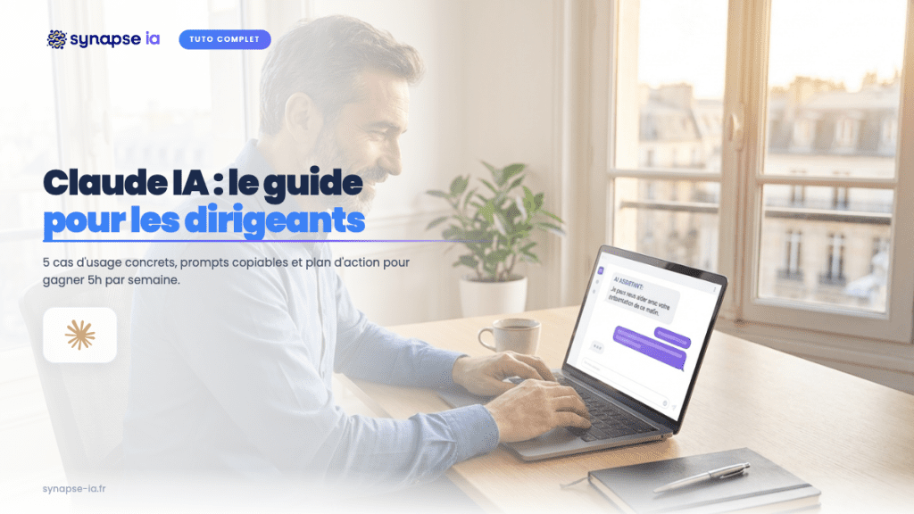 Dirigeant d'entreprise utilisant Claude IA sur son laptop dans un bureau moderne lumineux