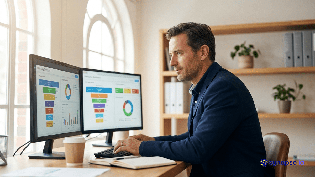 Dirigeant PME devant son CRM avec tableau de bord commercial sur double écran, bureau lumineux