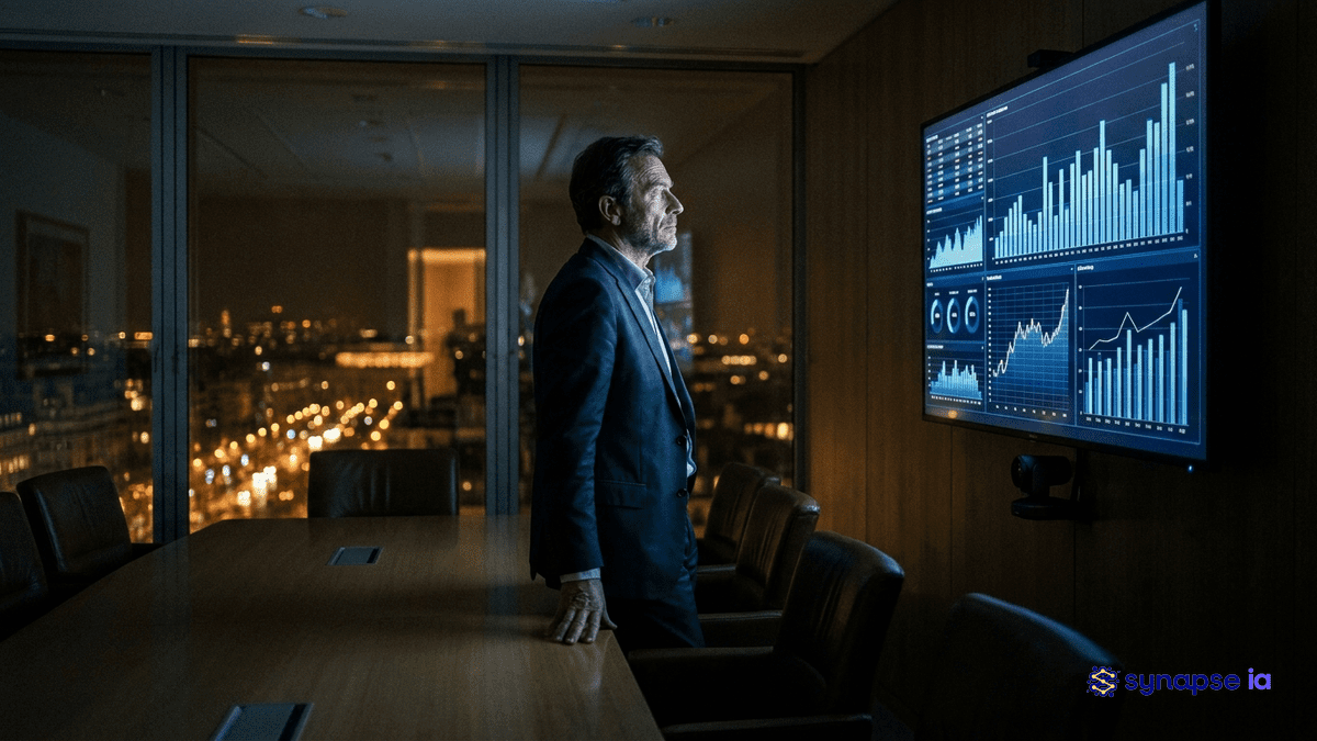 Dirigeant d'entreprise face à un tableau de bord analytique, ambiance décisionnelle pour son projet agent IA sur mesure