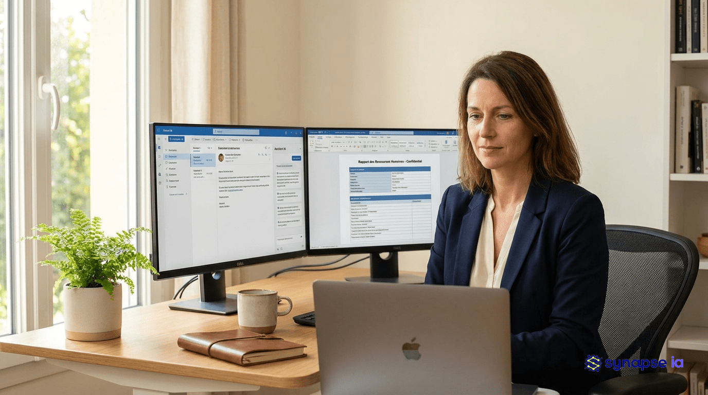 DRH en télétravail utilisant Microsoft Copilot dans Outlook sur double écran, bureau moderne avec lumière naturelle