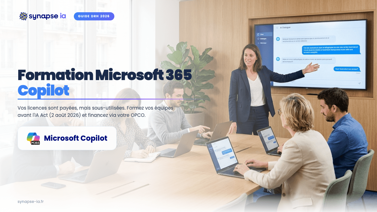 Atelier de formation Microsoft 365 Copilot en entreprise, collaborateurs autour d'une table avec interface IA affichée à l'écran