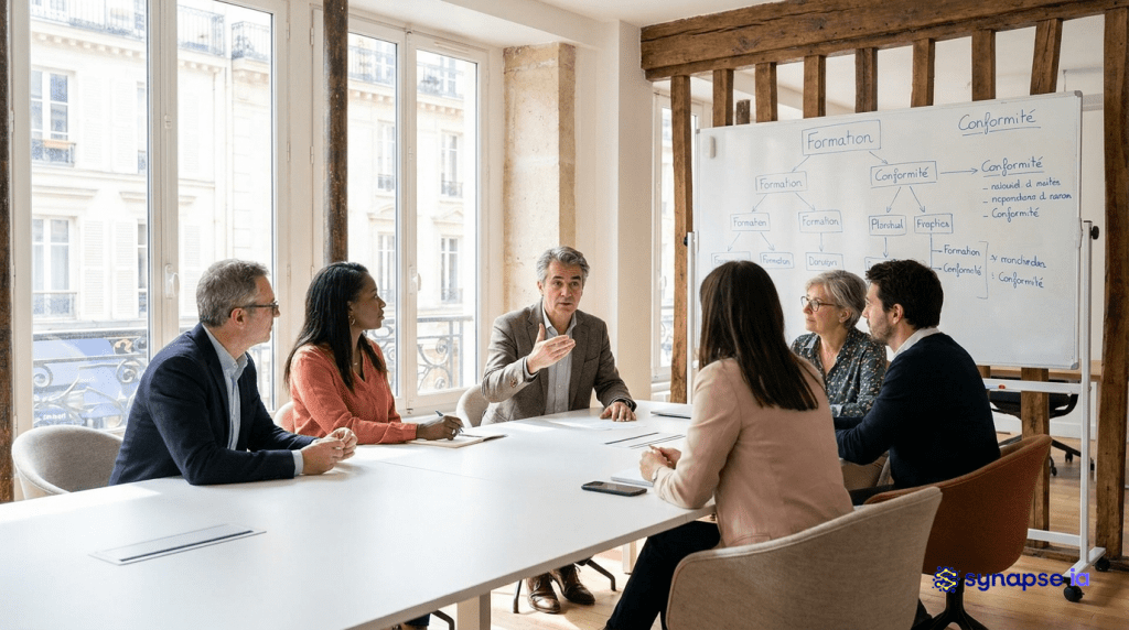 Dirigeant de PME animant une réunion d'équipe sur la mise en conformité AI Act et l'obligation de formation IA