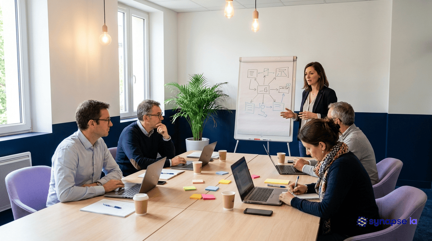 Atelier de formation IA en entreprise : une formatrice présente un framework de décision au paperboard devant une équipe de cinq collaborateurs