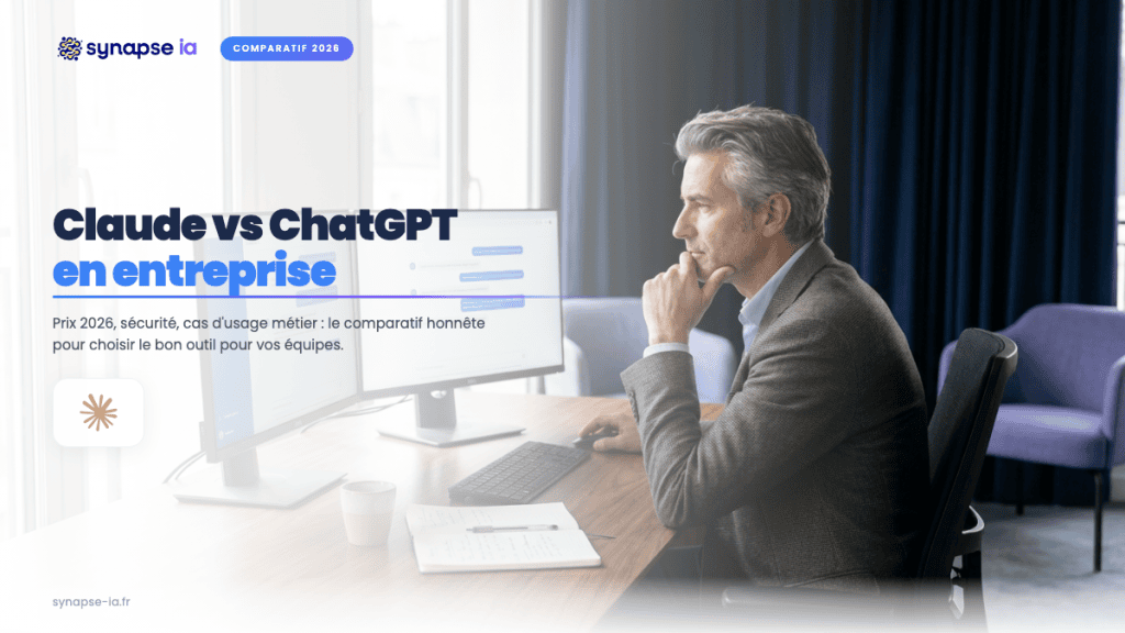 Comparatif Claude vs ChatGPT en entreprise 2026 : un dirigeant compare les deux assistants IA sur deux écrans dans son bureau