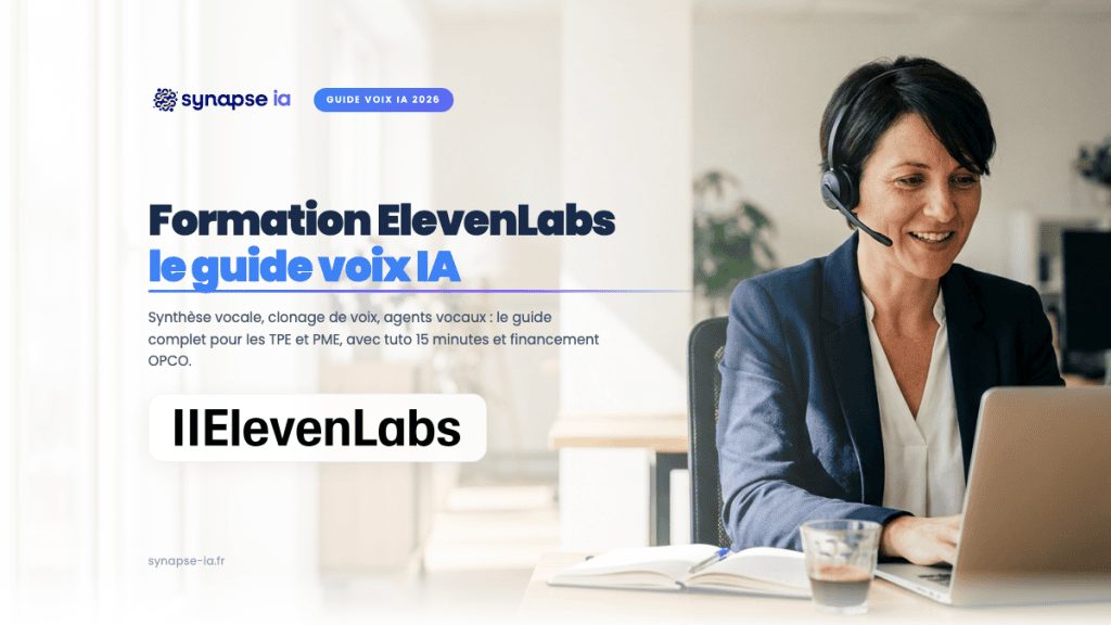 Dirigeante au micro-casque dans un bureau lumineux avec le logo ElevenLabs, illustration de la formation ElevenLabs IA en entreprise