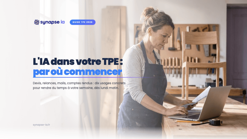 Guide IA pour TPE : dirigeante d'un atelier de menuiserie consultant un devis sur son ordinateur portable posé sur l'établi.
