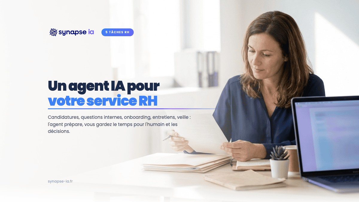 Responsable RH de PME qui lit une candidature à son bureau, agent IA RH ouvert sur l'ordinateur portable, pour un agent IA pour les RH