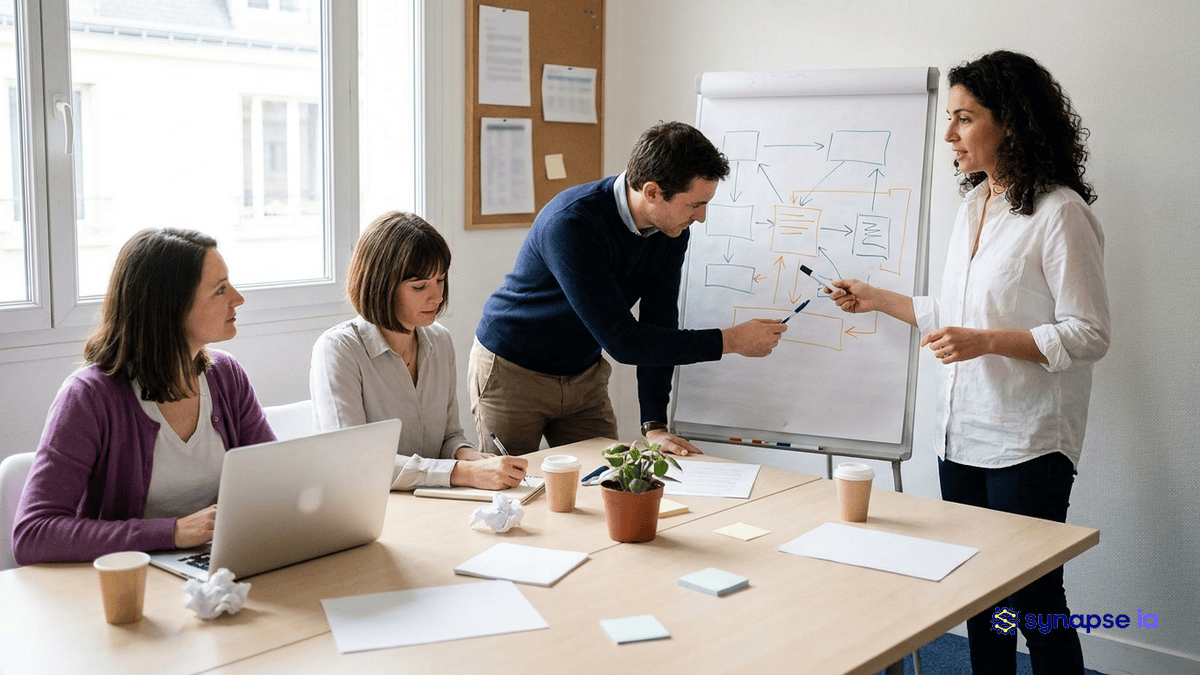 Équipe RH d'une PME en atelier devant un paperboard, formation pour piloter l'automatisation RH et la préqualification des candidatures avec un agent IA