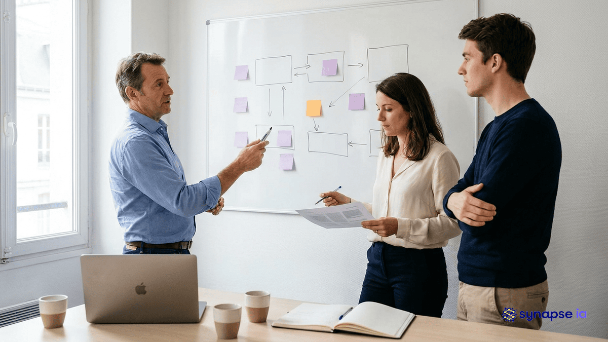 Équipe de PME qui cadre son besoin IA autour d'un tableau blanc avant de consulter un prestataire, cahier des charges en main