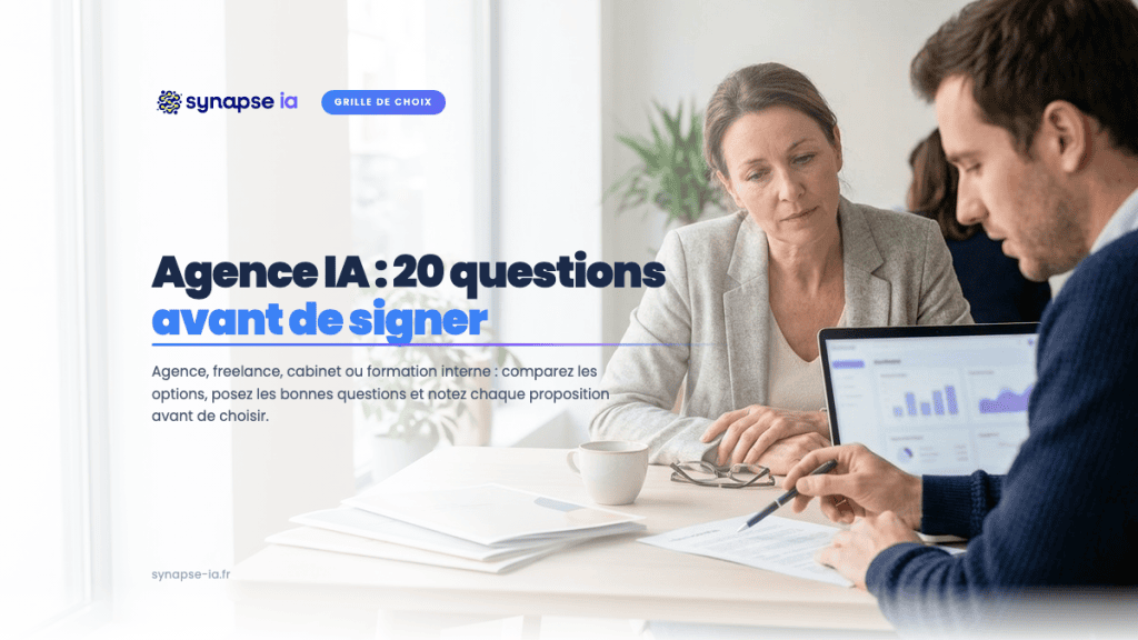 Dirigeante de PME en rendez-vous avec un prestataire IA, propositions imprimées sur la table, pour choisir une agence IA pour sa PME