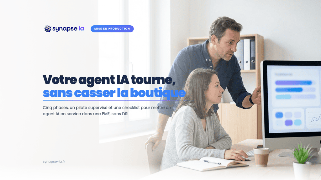 Responsable opérationnel de PME et collègue qui suivent un agent IA sur un tableau de bord, pour déployer un agent IA en entreprise