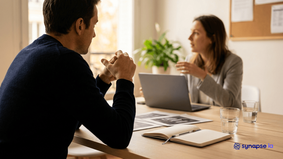Entretien de recrutement dans une PME, deux personnes face à face, ordinateur fermé et carnet : la décision reste humaine, l'automatisation RH prépare en amont