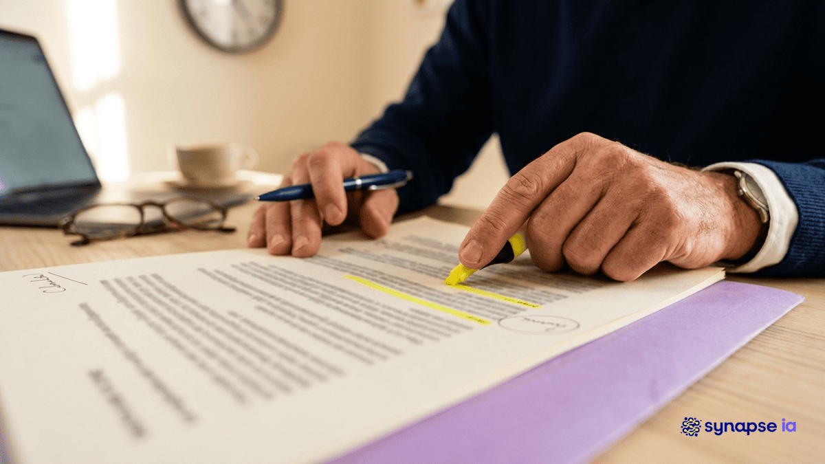 Dirigeant de PME qui annote au surligneur la proposition d'une agence IA, horloge en arrière-plan, pour l'évaluer en vingt minutes