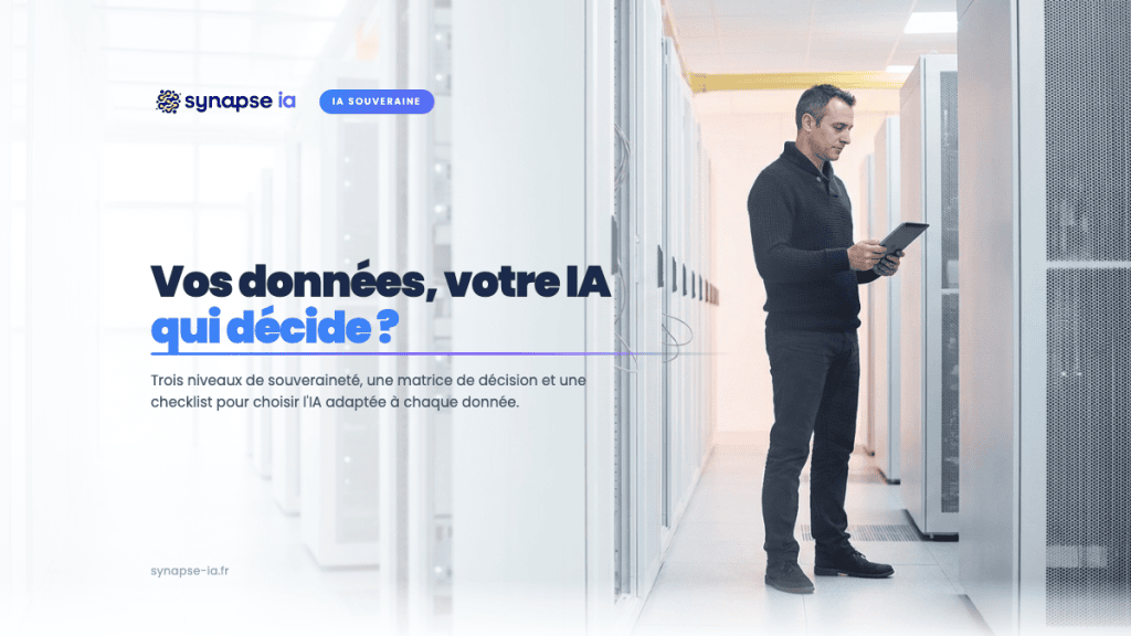 Administrateur système avec une tablette dans une allée lumineuse de datacenter européen, illustrant le choix d'une IA souveraine selon les données de l'entreprise